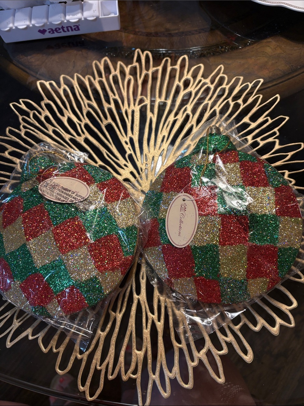Glitter Plaid Holiday Ornament Pair - Red, Green, Gold